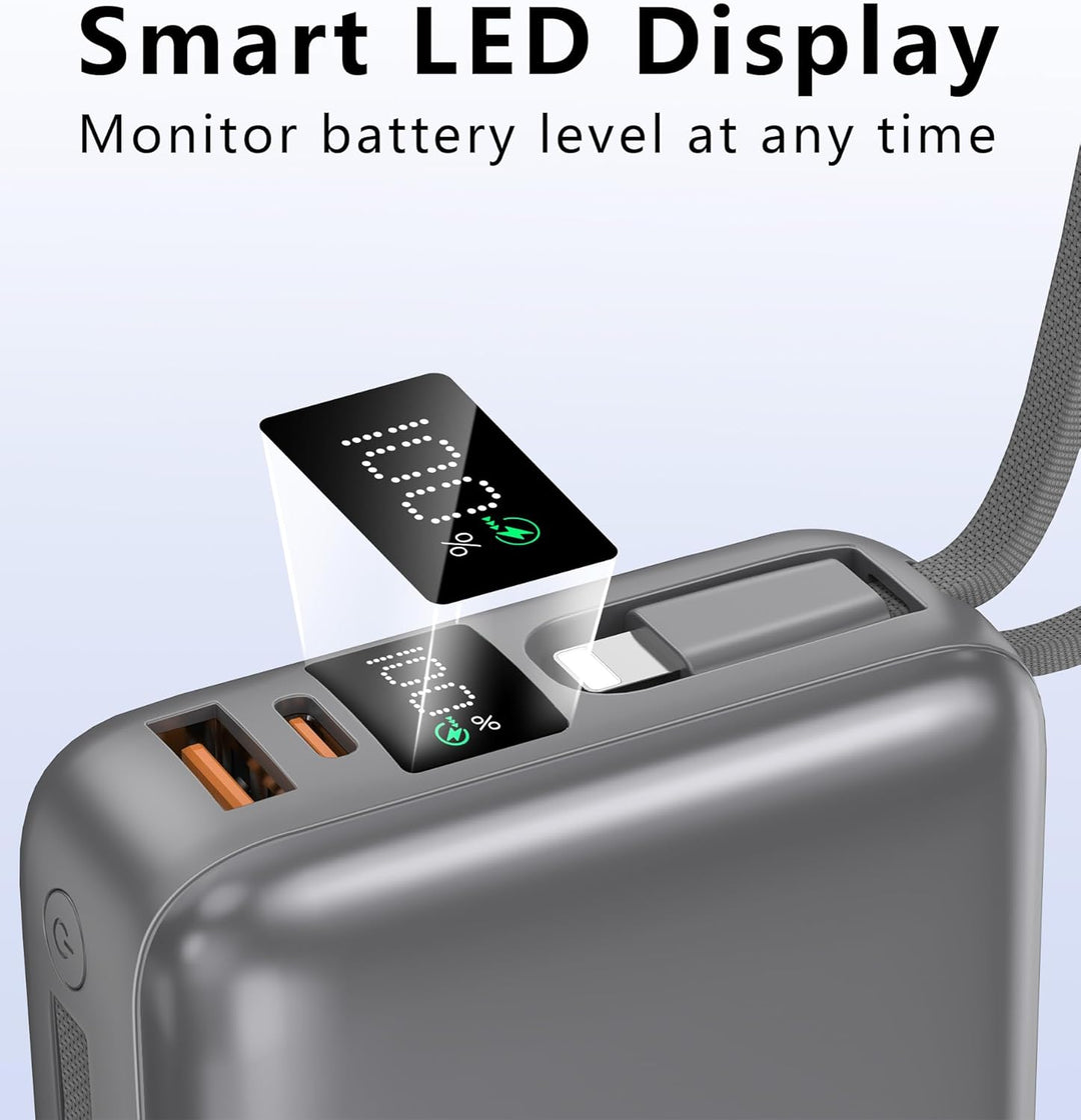 VINKO Cargador portátil con cable integrado de 22.5 W, 20000 mAh, c...