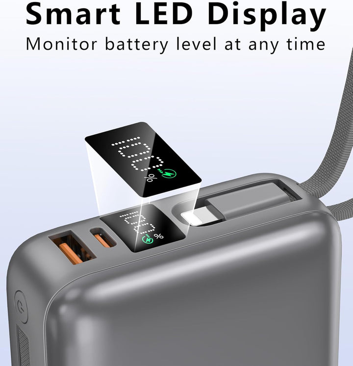 VINKO Cargador portátil con cable integrado de 22.5 W, 20000 mAh, c...