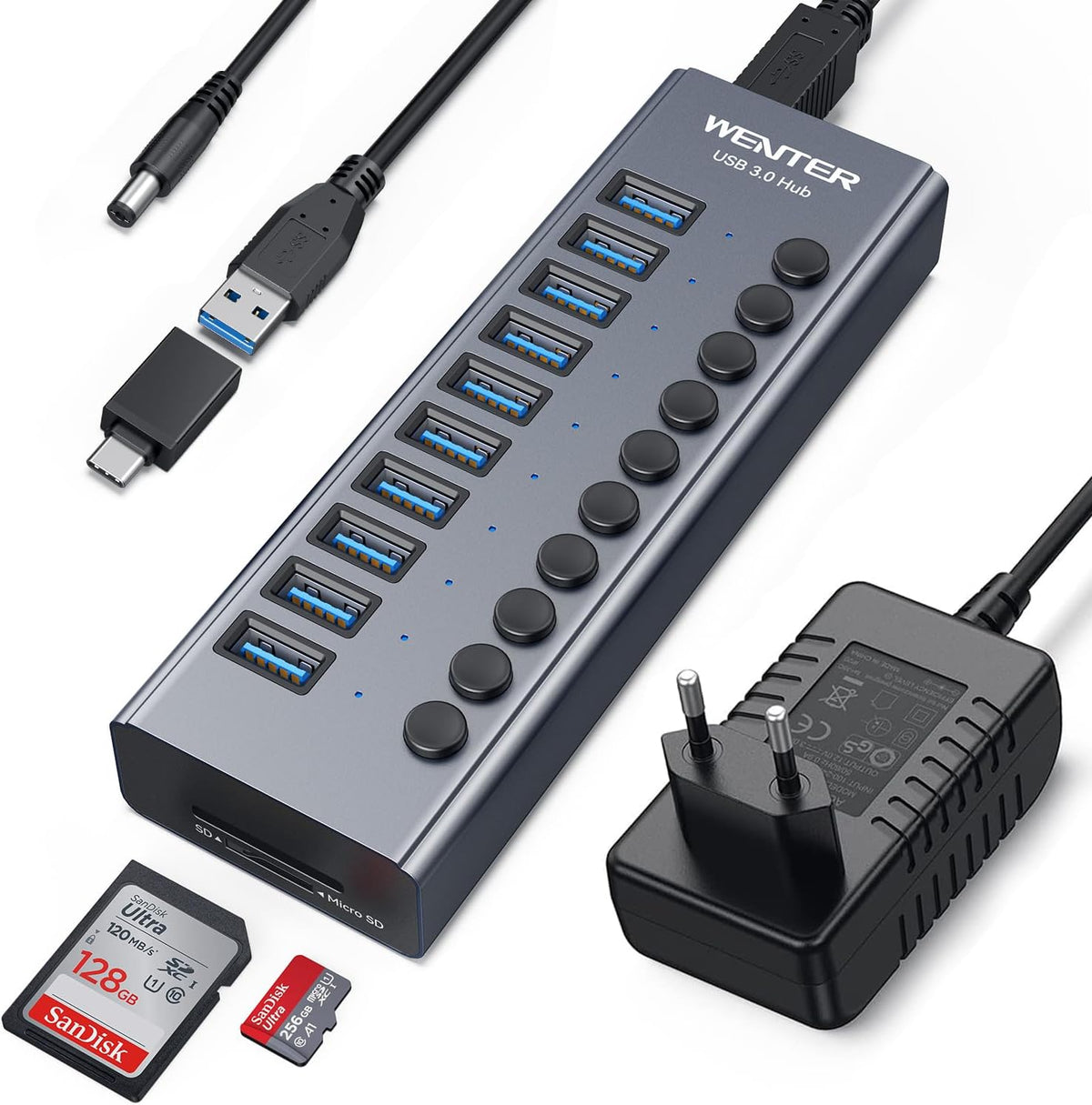 WENTER, hub USB 3.0 de 10 puertos, alimentado, adaptador 12V/3A