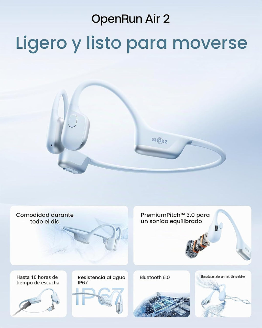 SHOKZ OpenRun Air 2 - Auriculares Bluetooth con conducción ósea, color azul