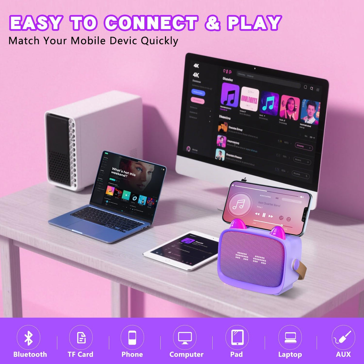 Mgaolo - Máquina de karaoke mini mejorada para niños, altavoz Bluetooth portátil con 2 micrófonos inalámbricos, emoji y luces LED coloridas, regalos para jugar en casa, viajes y fiestas para niños y