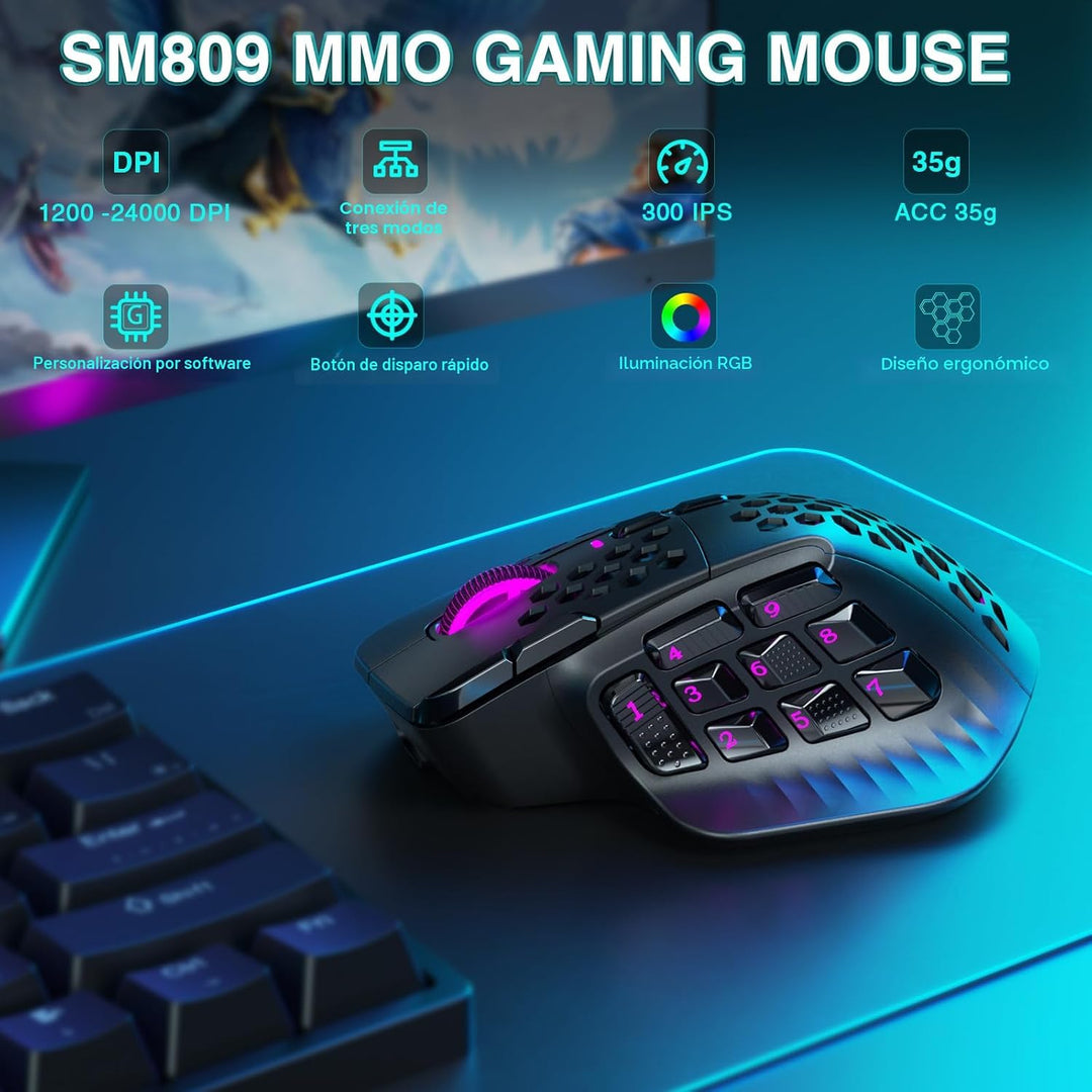 SOLAKAKA SM809 Pro - Mouse para juegos con 9 botones laterales, mou...