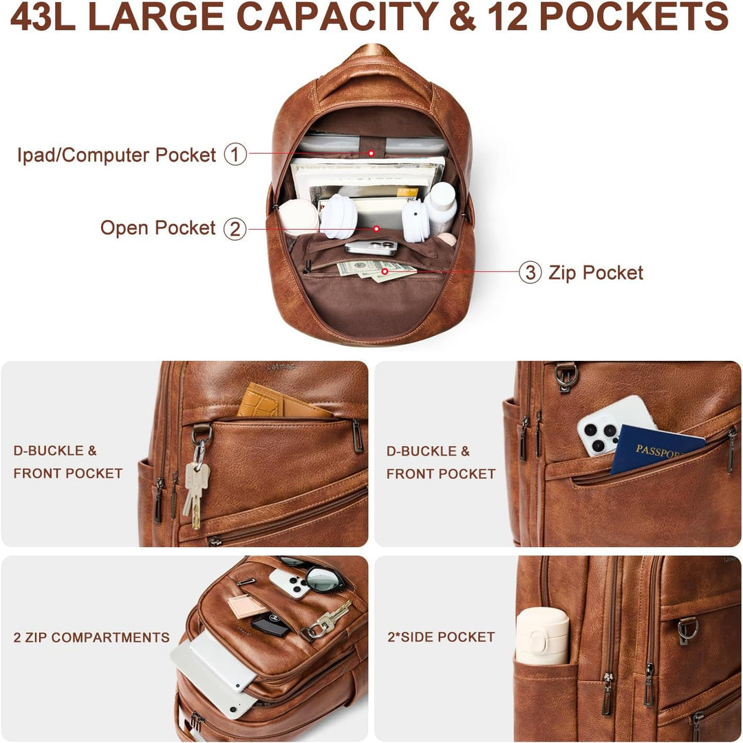 LATMAP Mochila de 43L para mujer: mochila de cuero vegano que cabe...