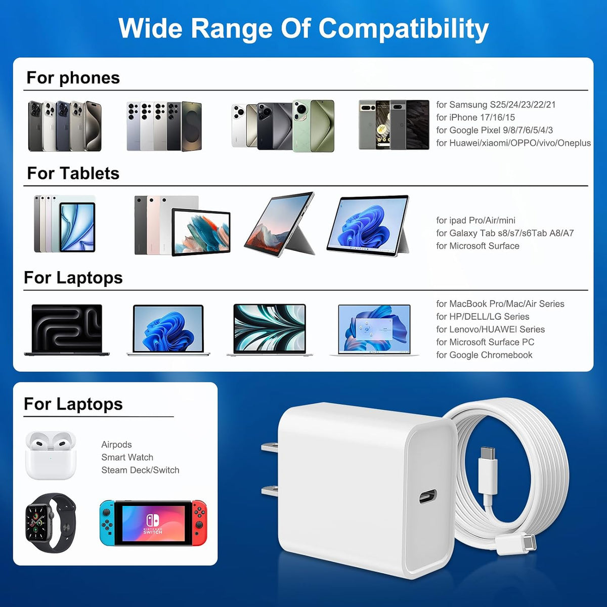 Cargador de carga rápida para iPhone 16 y 15, paquete de 3 cargadores USB C PD de 20 W con cable de 10 pies, cable USB C tipo C para iPhone 16/16 Plus/16 Pro/16 Pro Max/15/15 Pro/15 Pro Max (blanco)