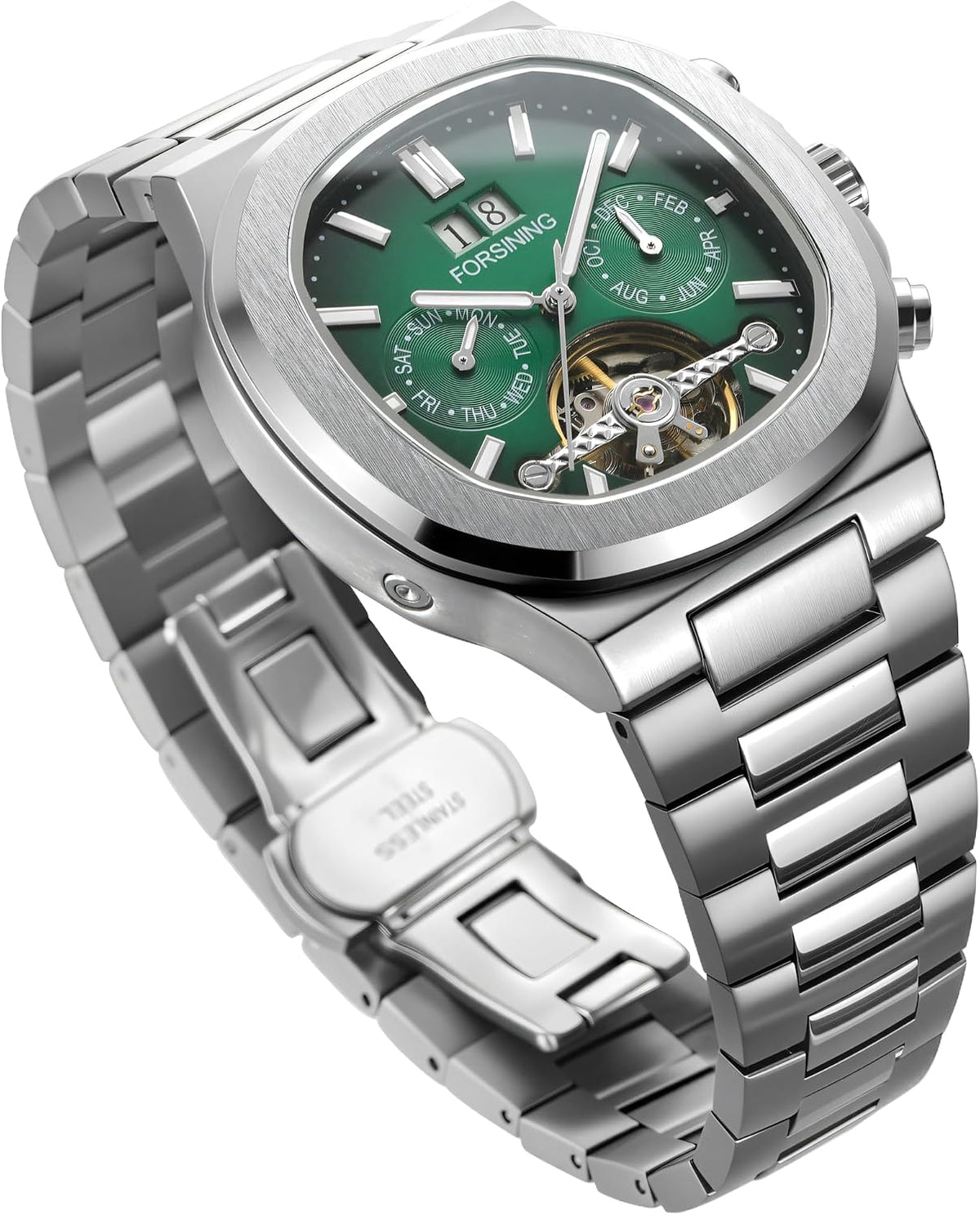 FORSINING Reloj mecánico automático para hombre, caja cuadrada clásica, esfera Tourbillon, multifuncional (fecha/semana/mes) reloj de pulsera casual de negocios con acero inoxidable Starp impermeable