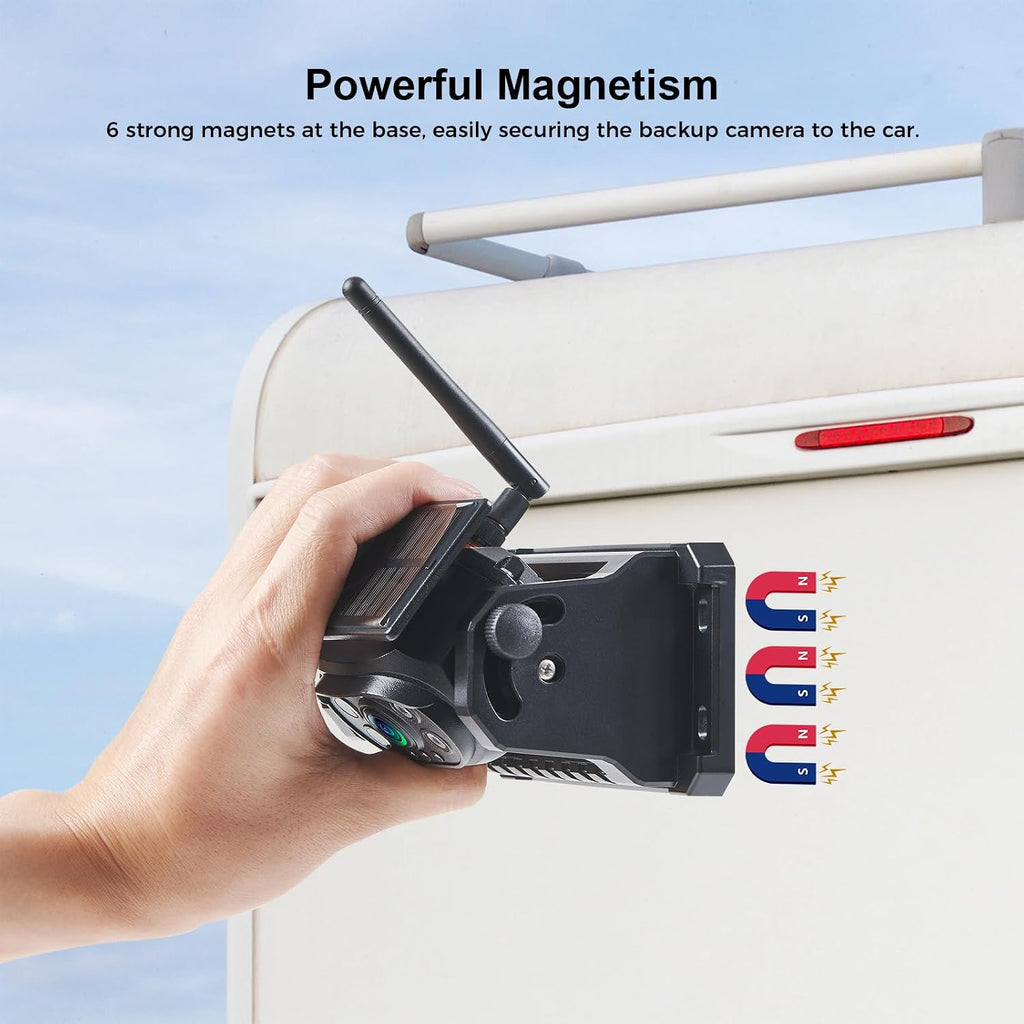 Cámara magnética inalámbrica de respaldo, batería de 15000 mAh, recargable, impermeable, HD, solar, retrovisor, cámara de enganche Bluetooth con sistema de monitor 1080P de 7 pulgadas para automóvil, camión, remolque, RV VN003