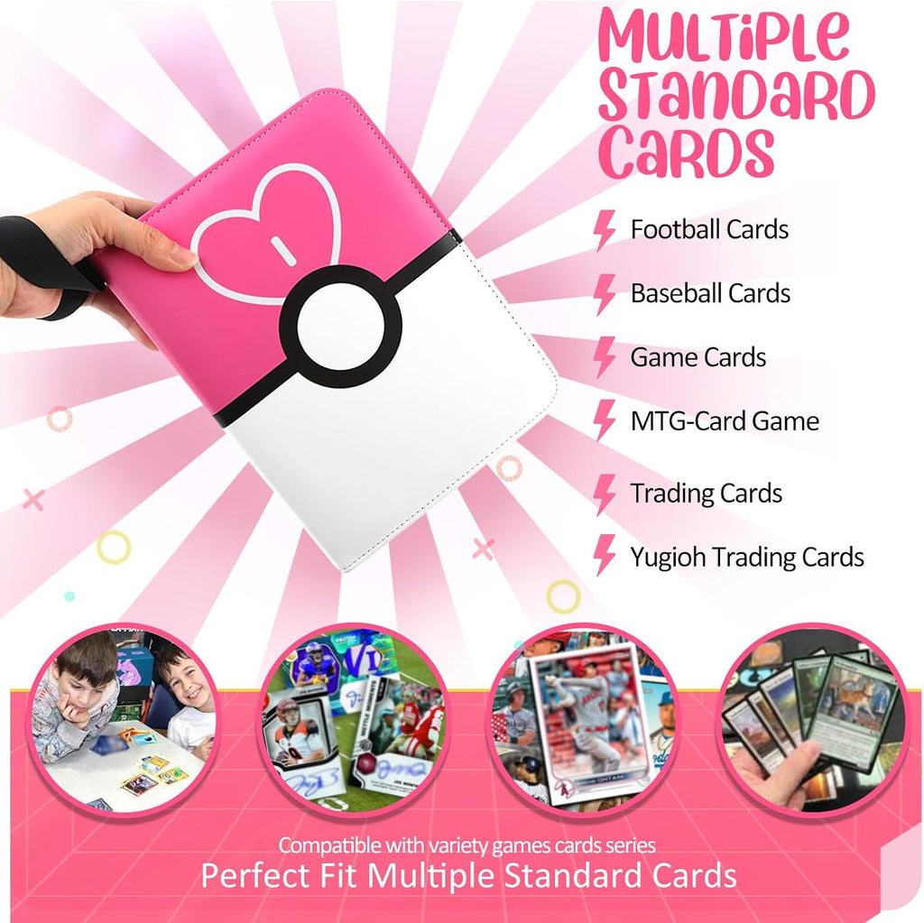 Carpeta de tarjetas de 4 bolsillos, soporte para tarjetas intercambiables para 400 tarjetas con 50 fundas extraíbles, tarjeta de colección portátil, estuche de tarjetas de juego con cremallera para regalo, color rosa