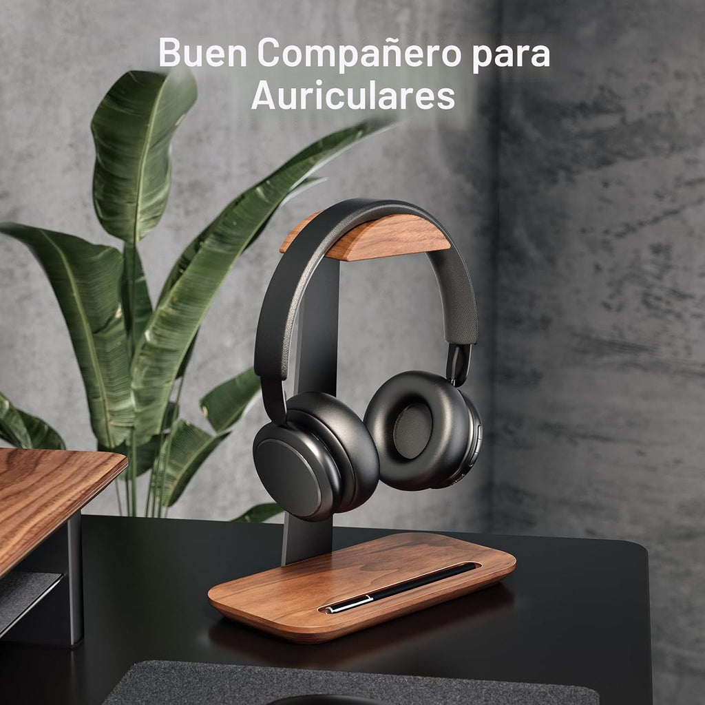 UPERGO Soporte para auriculares de nogal, soporte de auriculares de madera para escritorio, soporte universal para auriculares con base de almacenamiento para juegos, Airpod max, Bose, Razer