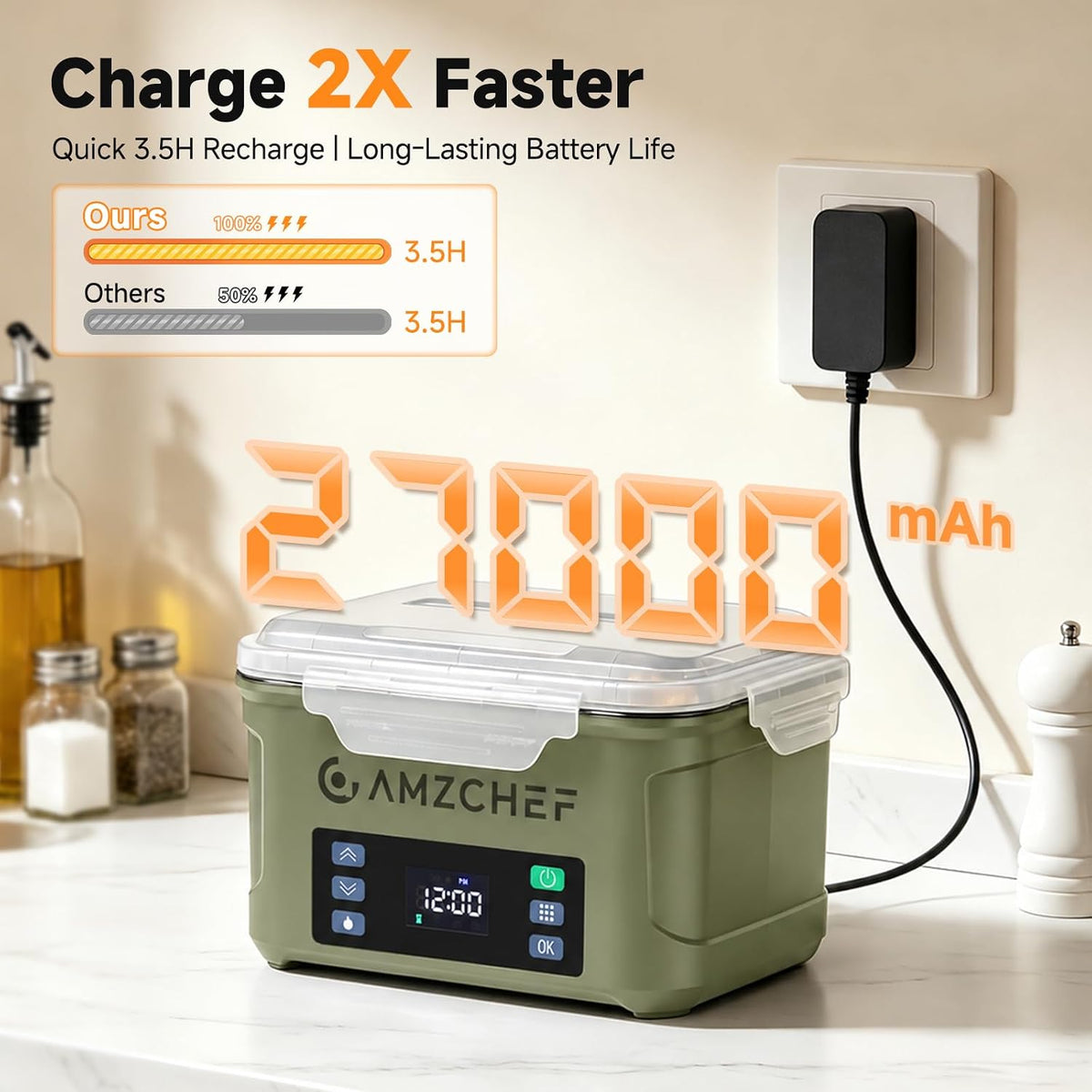 AMZCHEF Fiambrera eléctrica inalámbrica portátil, calentador de alimentos