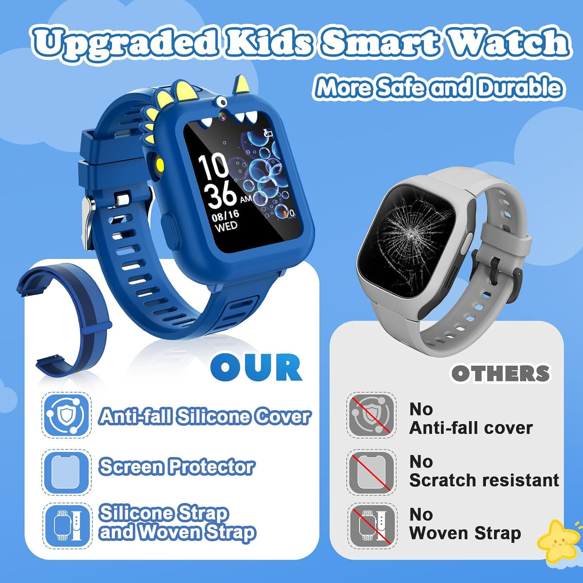 Reloj inteligente para niños, regalo para niños de 3 a 12 años con 39 juegos, reloj despertador, cámara, color azul