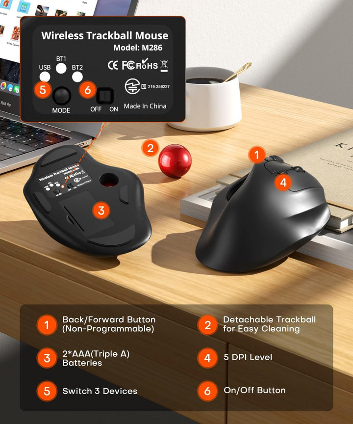 Ratón ergonómico inalámbrico de Trackball, conexión de 3 dispositiv...