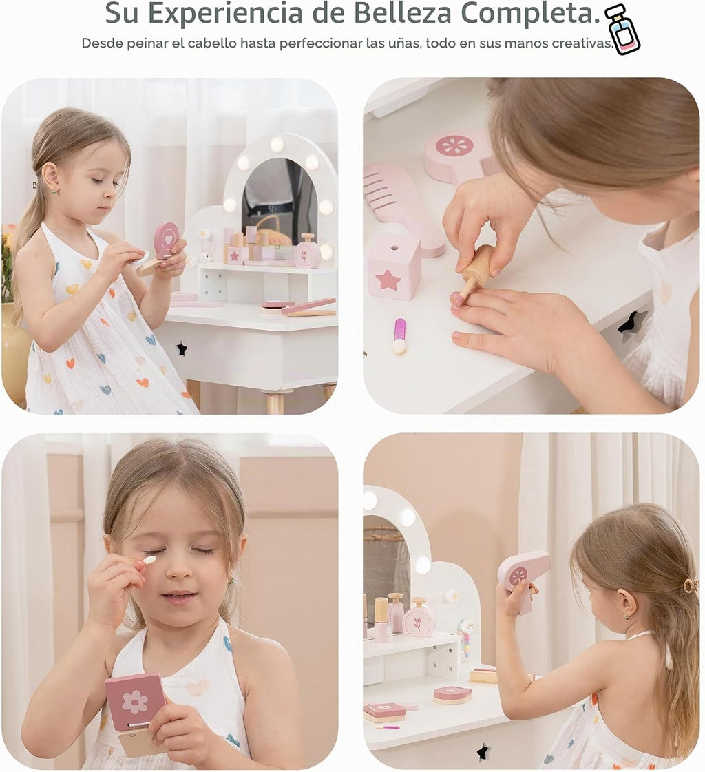Juego de tocador infantil para niñas pequeñas con botón táctil de 3 colores iluminado espejo