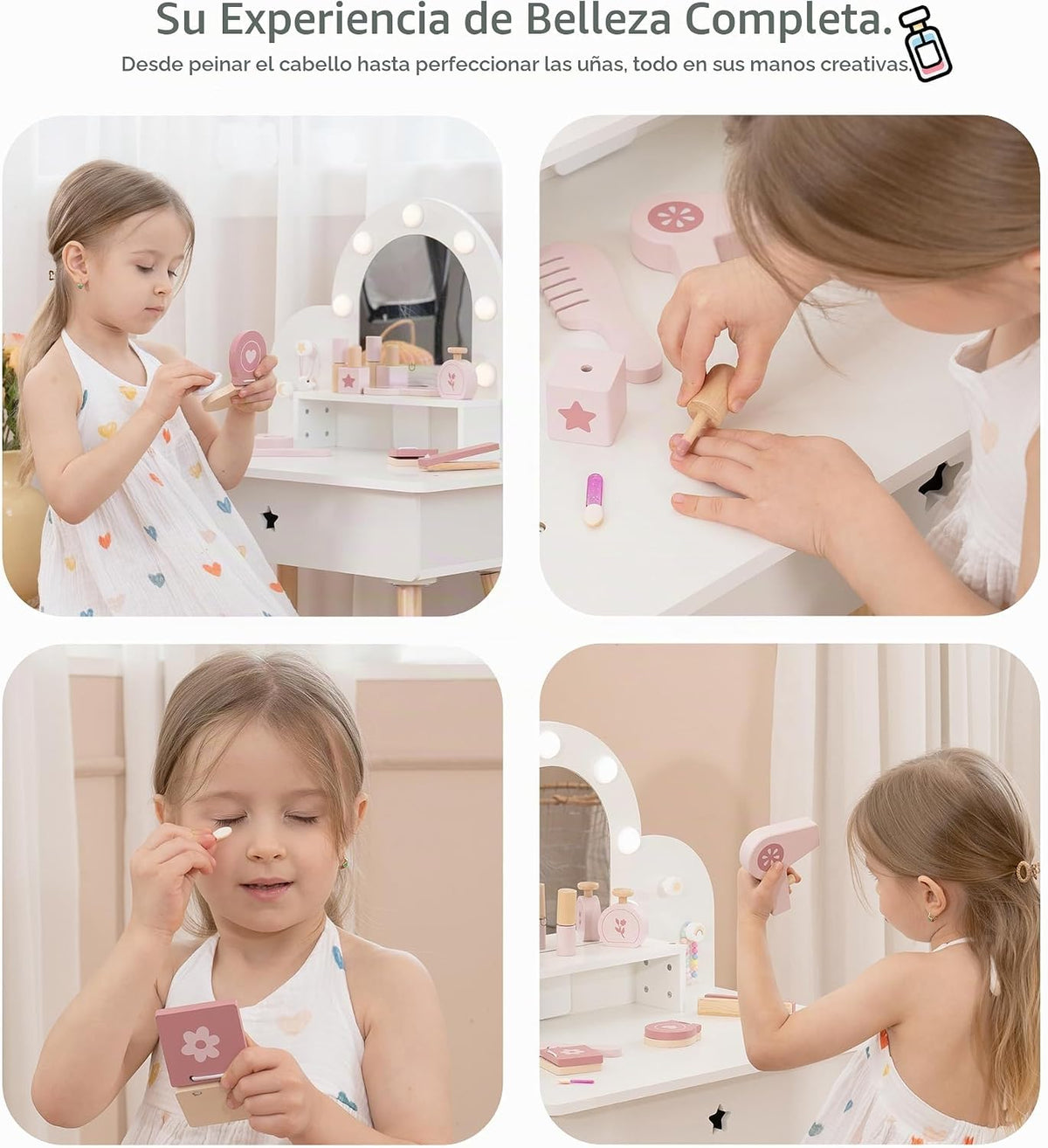 Juego de tocador infantil para niñas pequeñas con botón táctil de 3 colores iluminado espejo