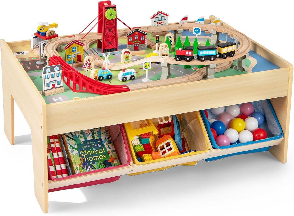 INFANS - Mesa de tren con 3 contenedores de almacenamiento, juego de tren