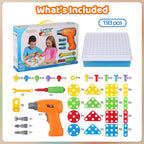 Kit de taladro y construcción STEM para niños de 3 a 8 años | Taladro de juguete eléctrico con más de 193 piezas (tornillos, tuercas, sujetadores de arco iris) | Juguetes de construcción de diseño