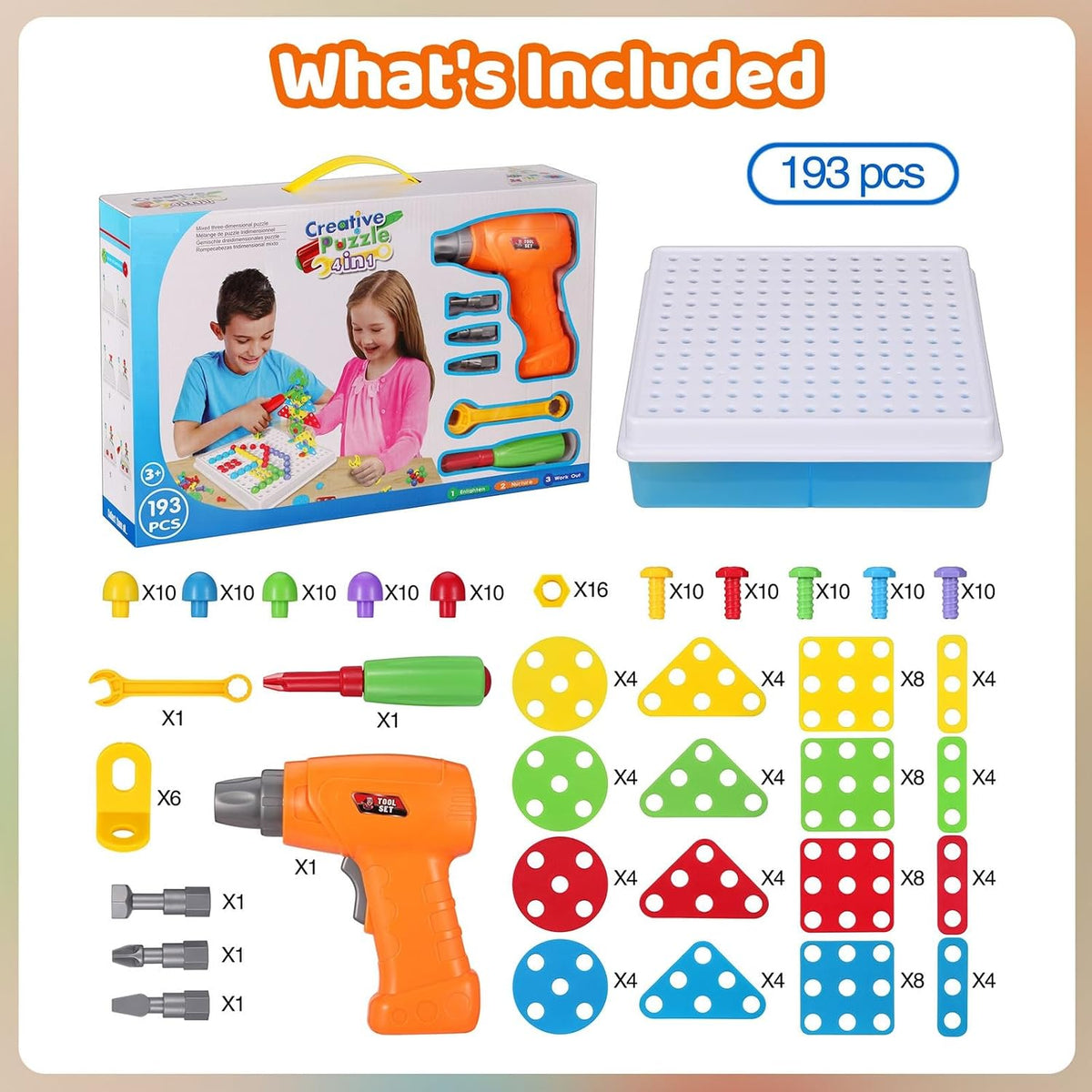 Kit de taladro y construcción STEM para niños de 3 a 8 años | Taladro de juguete eléctrico con más de 193 piezas (tornillos, tuercas, sujetadores de arco iris) | Juguetes de construcción de diseño