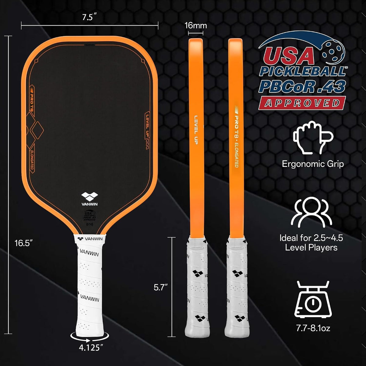 Paleta de pickleball, T700 de fibra de carbono Pickle Ball Paddle alargada aprobada por USAPA para jugadores intermedios y avanzados, núcleo de polipropileno de 0.630 in