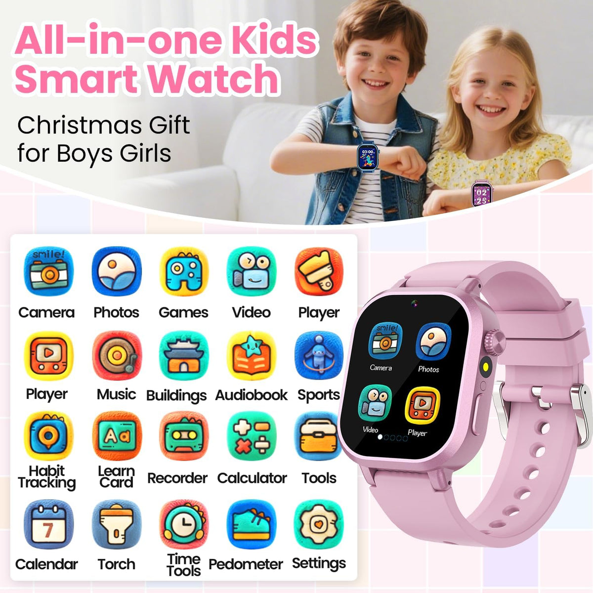 Reloj inteligente impermeable para niños y niñas de 5 a 12 años con 39 juegos, cámara HD, video, música, seguimiento de hábitos, alarma, podómetro, reloj inteligente para niños, regalo de cumpleaños para niñas de 5, 6, 7, 8 (rosa)
