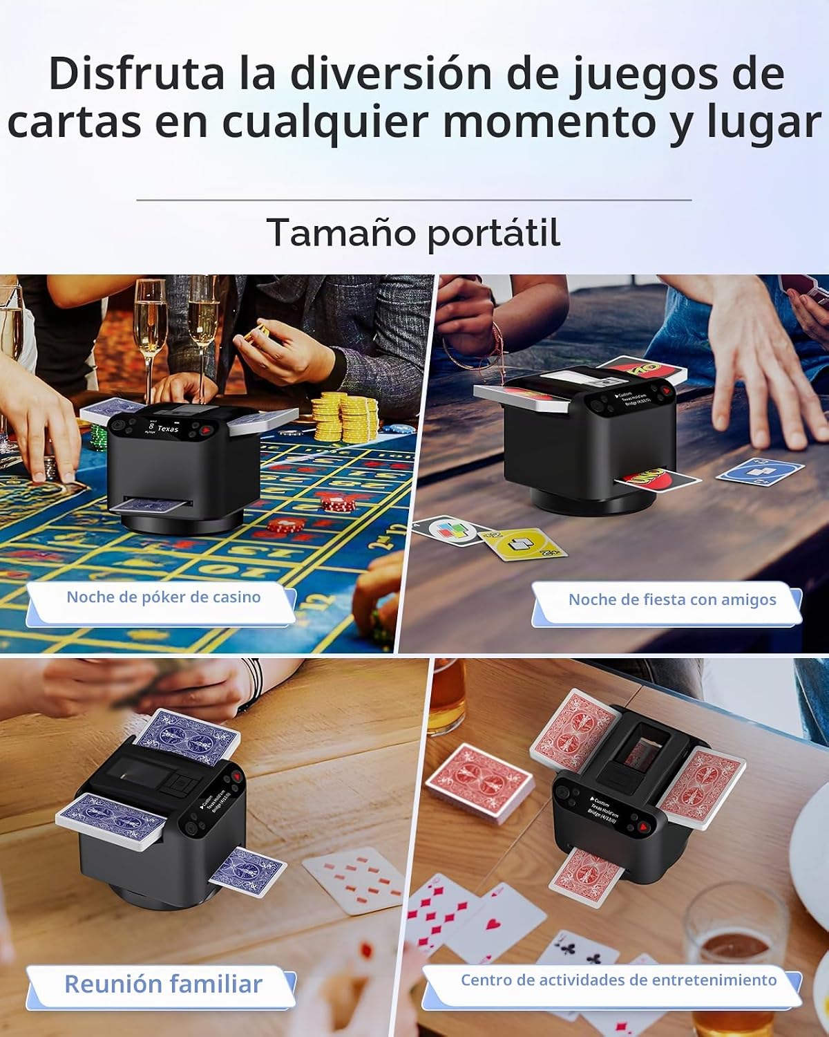 Barajador automático de cartas y distribuidor 2 en 1, máquina de distribución giratoria de 360° de 2 barajas para 12 jugadores, 4 controles remotos de dibujo, máquina barajadora de cartas recargable para póker, fase 10 (negro)