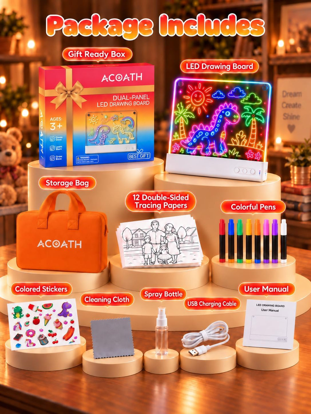 Tablero de dibujo LED para niños con paneles dobles de 16 pulgadas