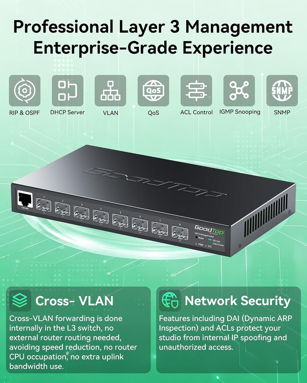 Conmutador 8 Puertos 10G SFP+ Layer 3 Administrado, Conmutador de Fibra para Red Empresarial