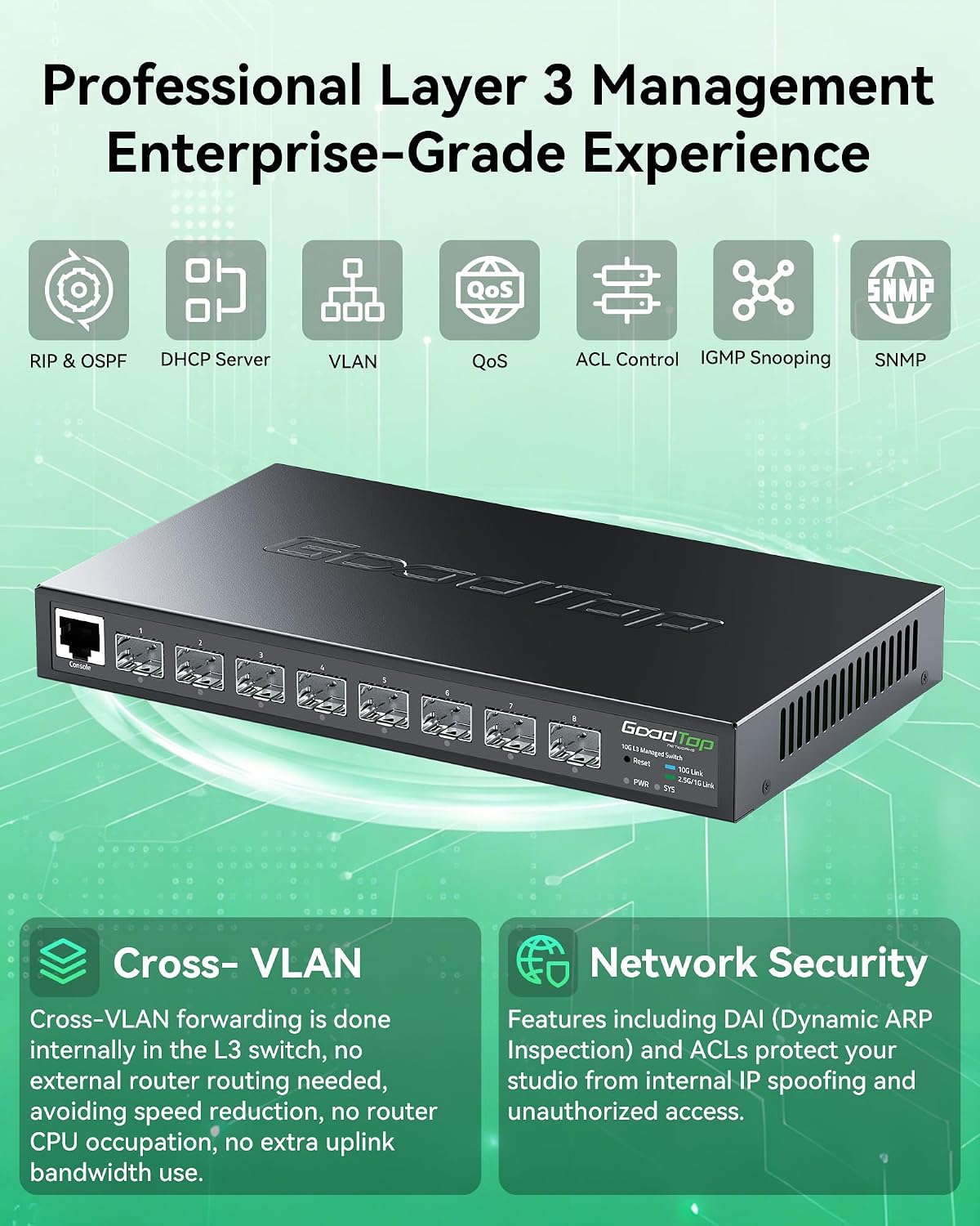 Conmutador 8 Puertos 10G SFP+ Layer 3 Administrado, Conmutador de Fibra para Red Empresarial