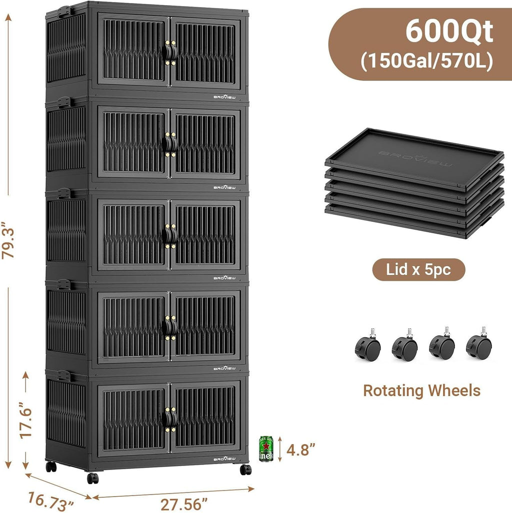 BROVIEW 600Qt Contenedores de Almacenamiento Apilables con 5 Tapas, Organizador Extra Grande para Armario Cajones Plegables con Ruedas, Contenedores de Plástico Plegables para Cocina y Hogar, Paquete de 5 Negro