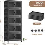 BROVIEW 600Qt Contenedores de Almacenamiento Apilables con 5 Tapas, Organizador Extra Grande para Armario Cajones Plegables con Ruedas, Contenedores de Plástico Plegables para Cocina y Hogar, Paquete de 5 Negro