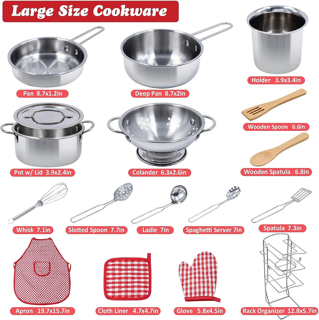 Juego de accesorios de cocina para niños, juego de 32 artículos de ollas y sartenes de acero inoxidable con organizador de estante, utensilios de cocina de metal y delantal, comida de juego con cesta