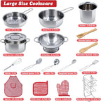 Juego de accesorios de cocina para niños, juego de 32 artículos de ollas y sartenes de acero inoxidable con organizador de estante, utensilios de cocina de metal y delantal, comida de juego con cesta