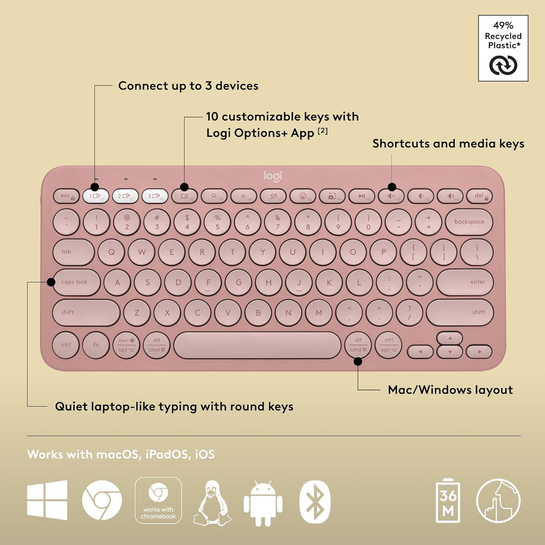 Logitech Pebble Keys 2 K380s, teclado inalámbrico Bluetooth multidi...