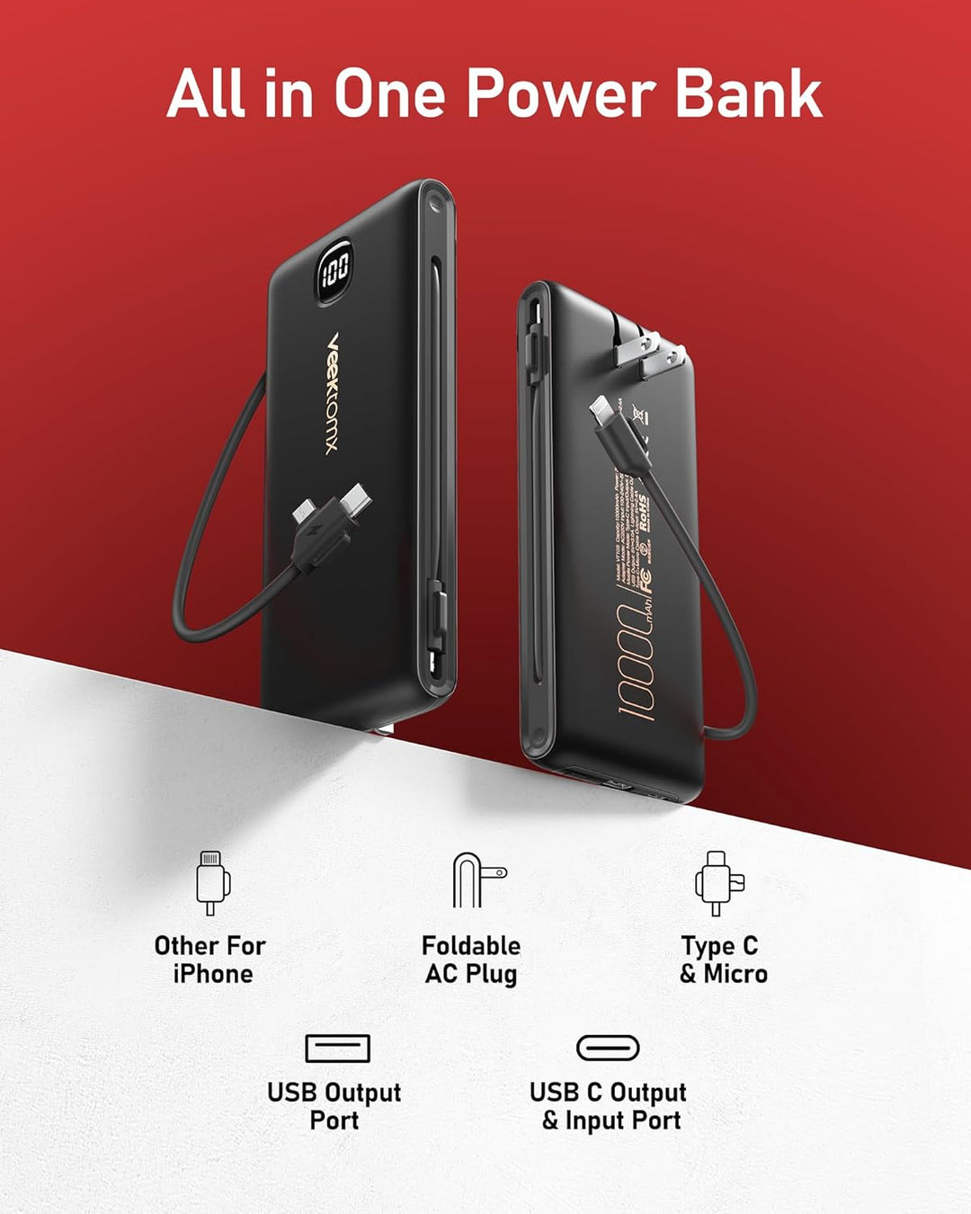 VEEKTOMX - Cargador portátil con cables incorporados de 10000 mAh,...