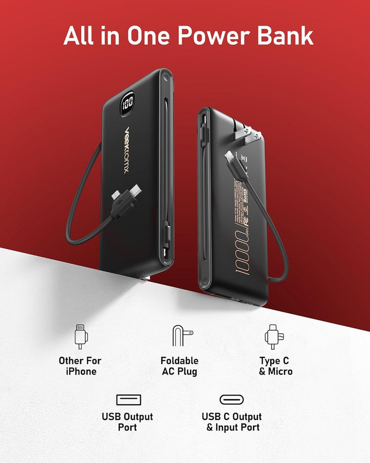 VEEKTOMX - Cargador portátil con cables incorporados de 10000 mAh,...