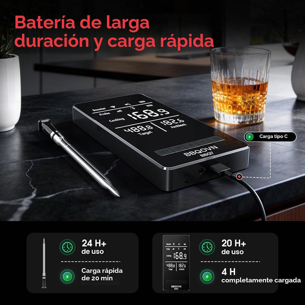 Termómetro inalámbrico inteligente WiFi para carne con alcance ilimitado, 7 sensores certificados NIST, precisión de ±0.5°F, Sub-1G (10 veces más fuerte que Bluetooth), APP y base digital