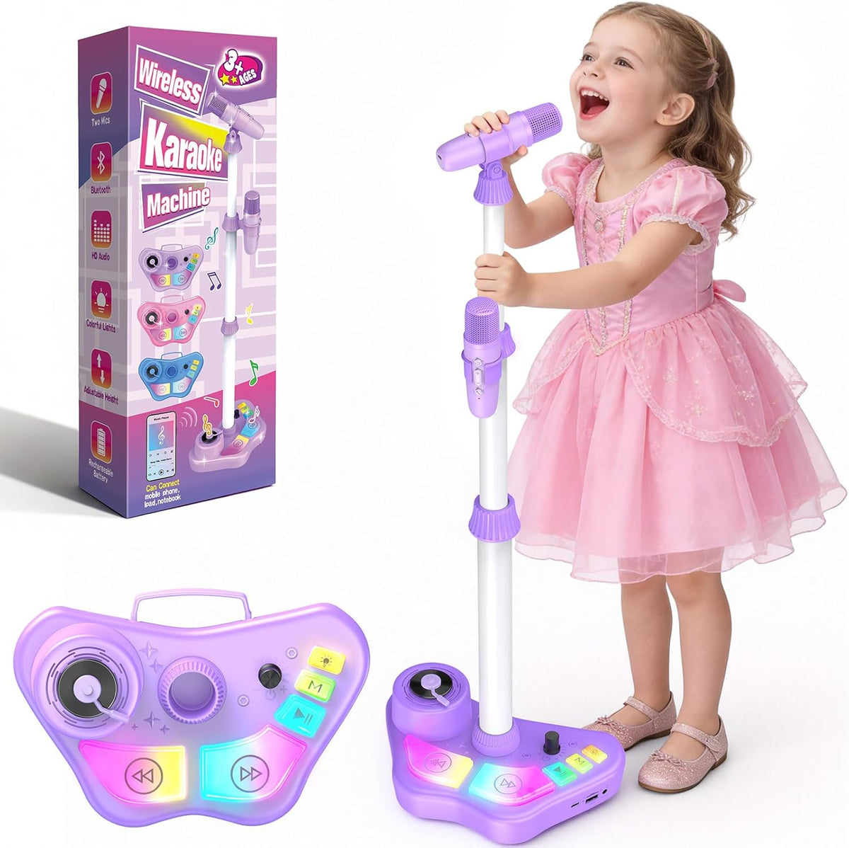 Máquina de karaoke con soporte para niños, juguetes de canto de Navidad, regalos para niñas de 3, 4, 5, 6, 7, 8 años, micrófono recargable para niños, altavoz Bluetooth con 2 micrófonos para niñas de