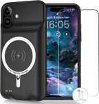 Funda de carga inalámbrica para iPhone 16, 10000mAh de alta capacidad, portátil, recargable, funda protectora de batería extendida, carga inalámbrica Qi con iPhone 16 (6.1 pulgadas) Funda de cargador de batería extendida (negro)