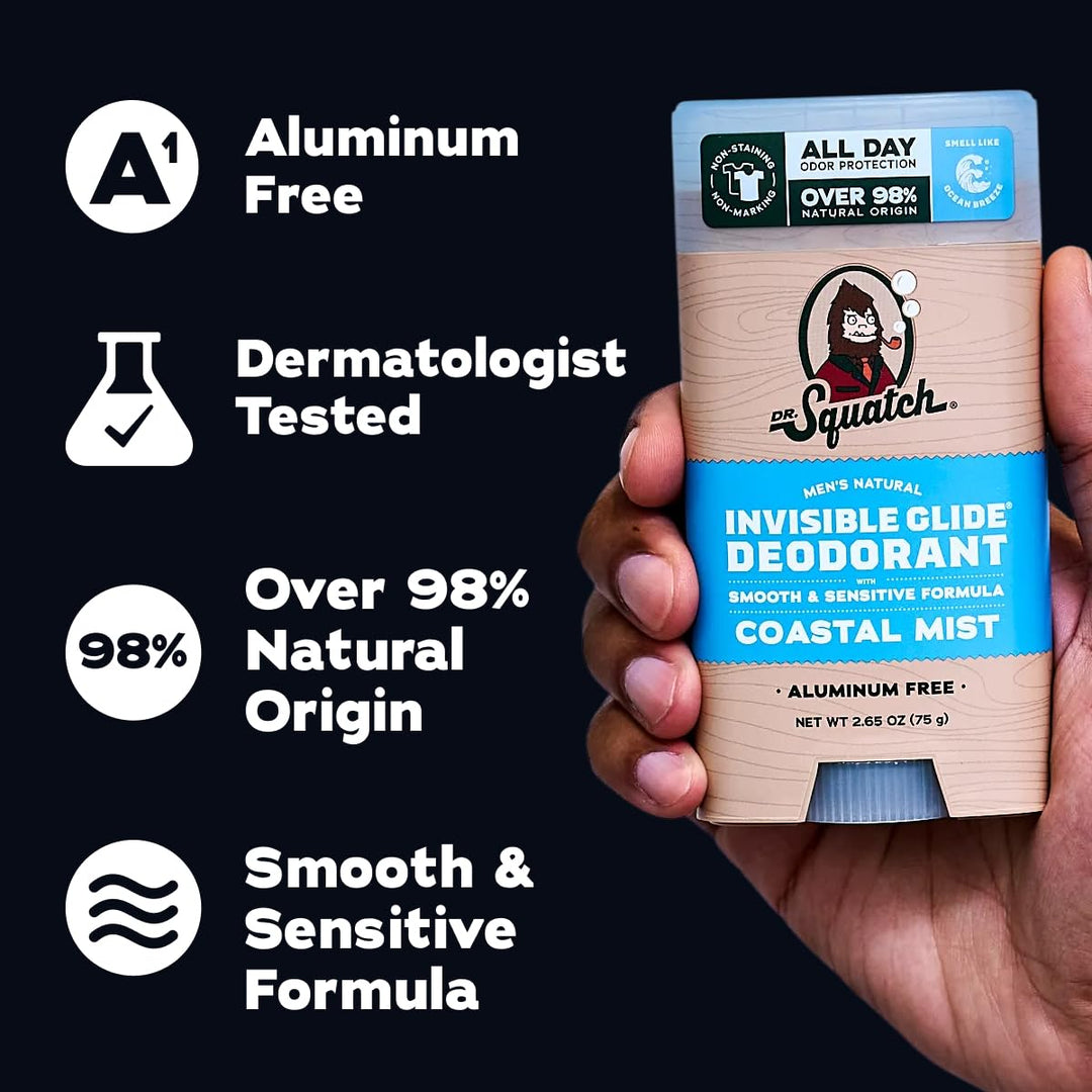 Dr. Squatch Invisible Glide Natural Desodorante para hombre, desliz...