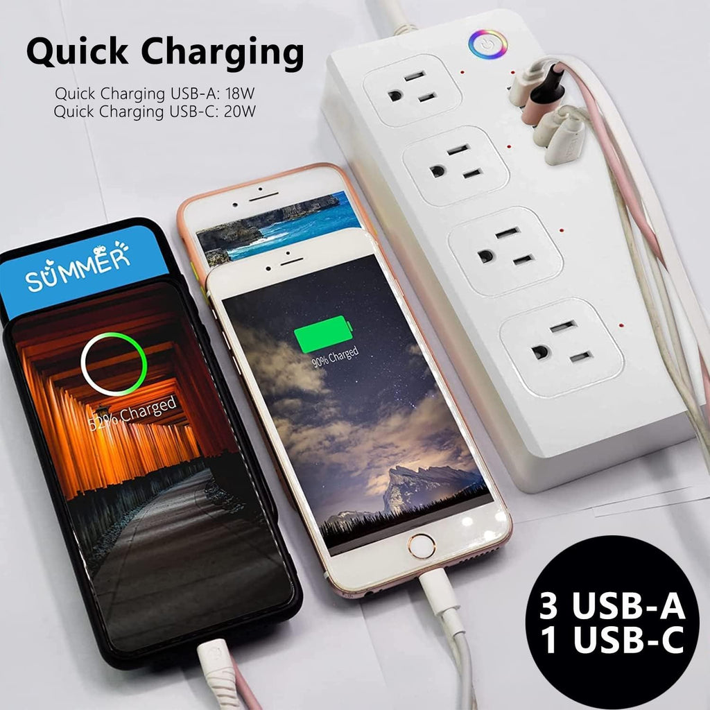 Lámpara UseeLink Tira de alimentación de enchufe inteligente, protector de sobretensiones WiFi compatible con Alexa Google Home, enchufes inteligentes con 4 puertos de carga USB 4