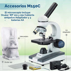 AmScope Serie M150 Microscopio Monocular Compuesto Portátil para Estudiantes - Aumento de 40X-1000X - Cuenta con Luz LED y 25 Diapositivas Preparadas - Tiene Enfoque Grueso y Fino
