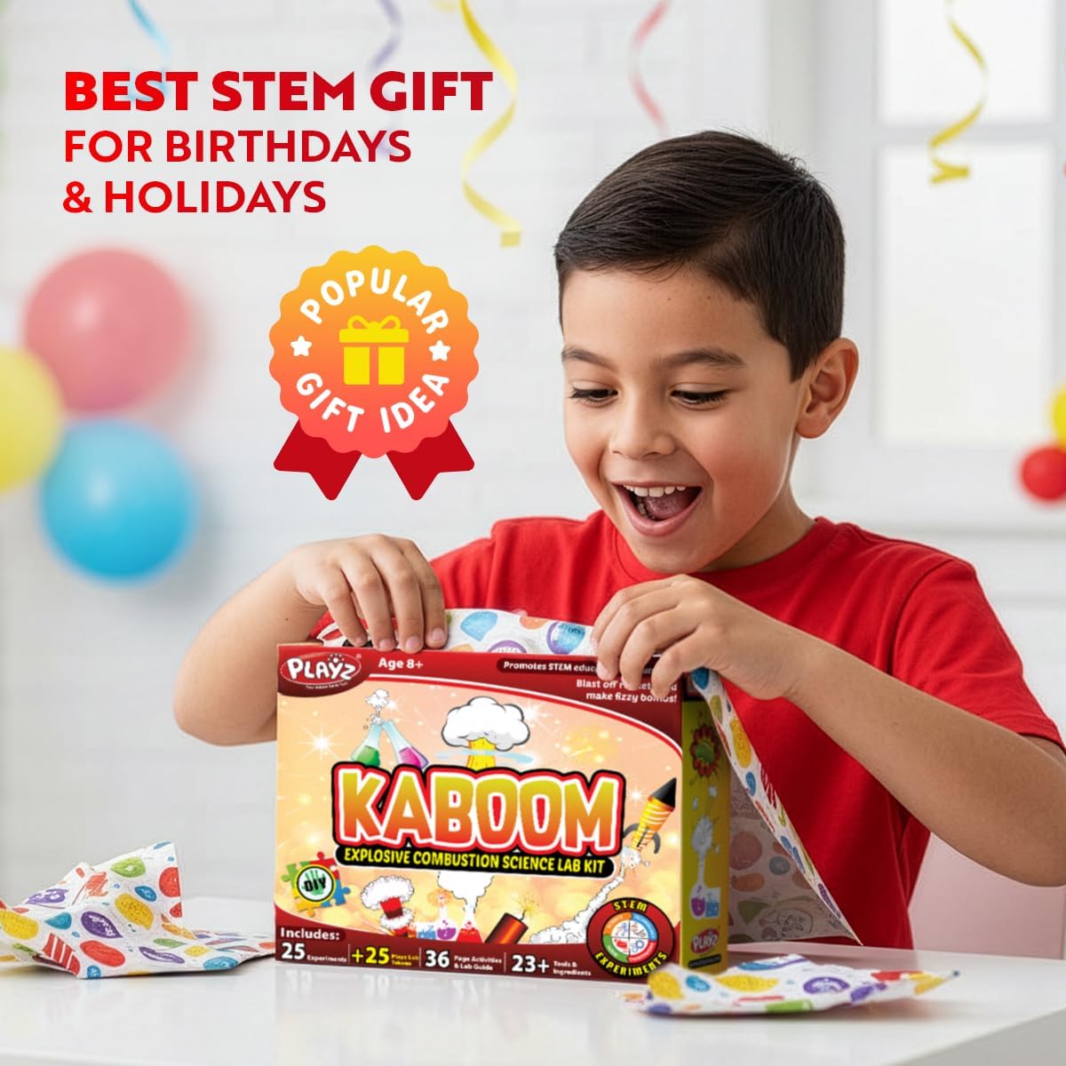 Playz Kaboom! Kit de más de 50 experimentos científicos explosivos para niños de 8 a 12 años con 25 experimentos de fichas de Playz Lab - Set de química STEM, juguetes educativos y regalos de
