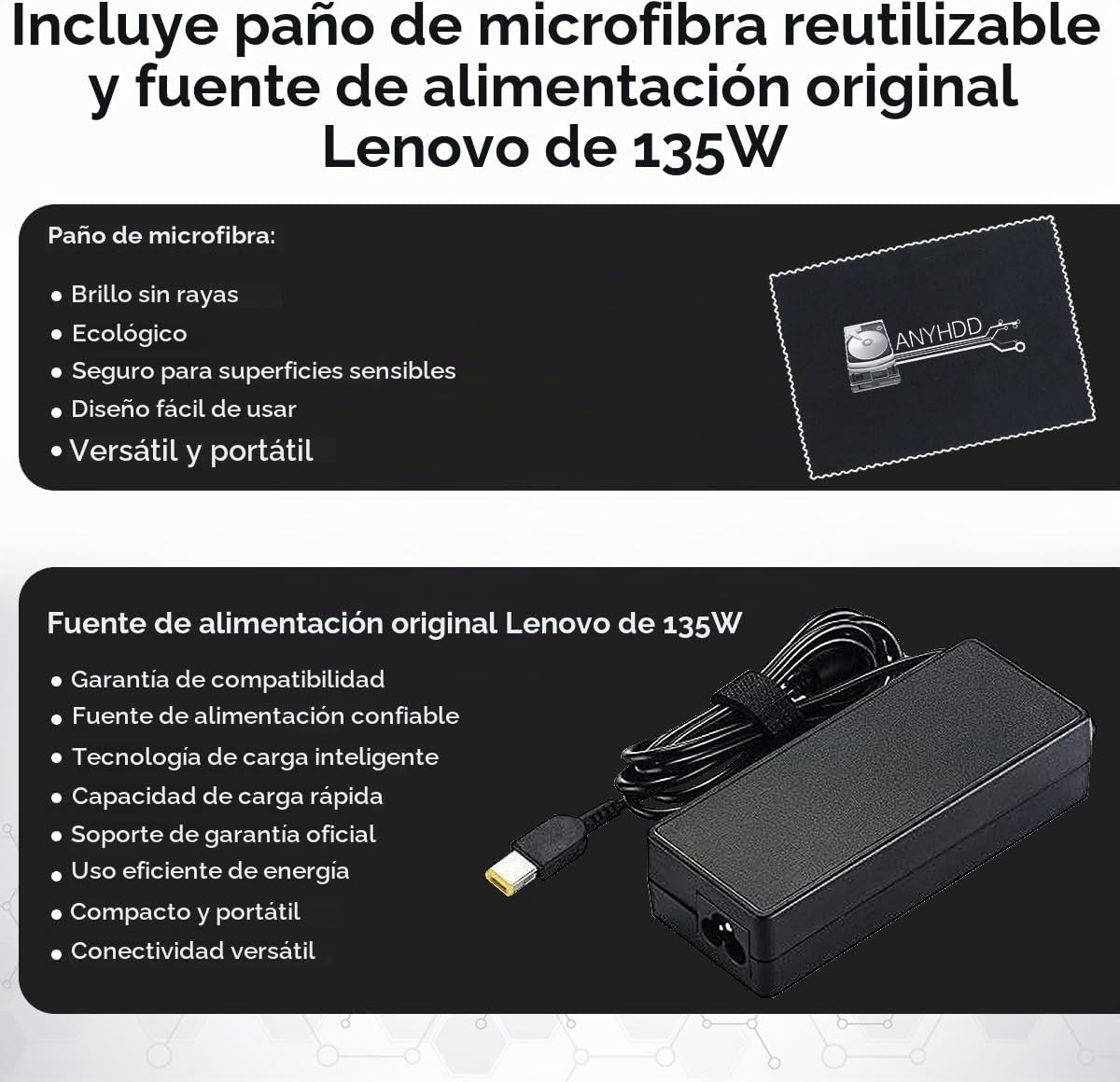 Lenovo 40AF0135US Estación de acoplamiento Thinkpad Dual Monitor híbrido USB-C con USB-A - 1 año de garantía, con adaptador de 135W + cable HDMI + cable DisplayPort + cable USB-C + paño de microfibra