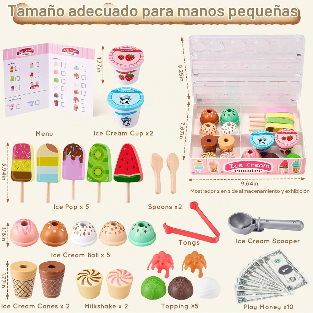 Ehome - Juguete plegable de helado para niños, juego de comida con pantalla de almacenamiento, juego de helados para niños pequeños, regalos de cumpleaños para niñas de 3 a 6 años (rosa)