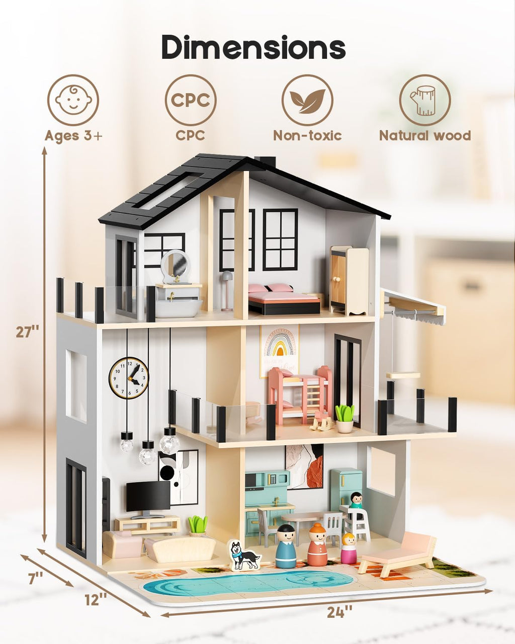 Casa de muñecas de madera para niñas de 3 a 8 años, 5 habitaciones