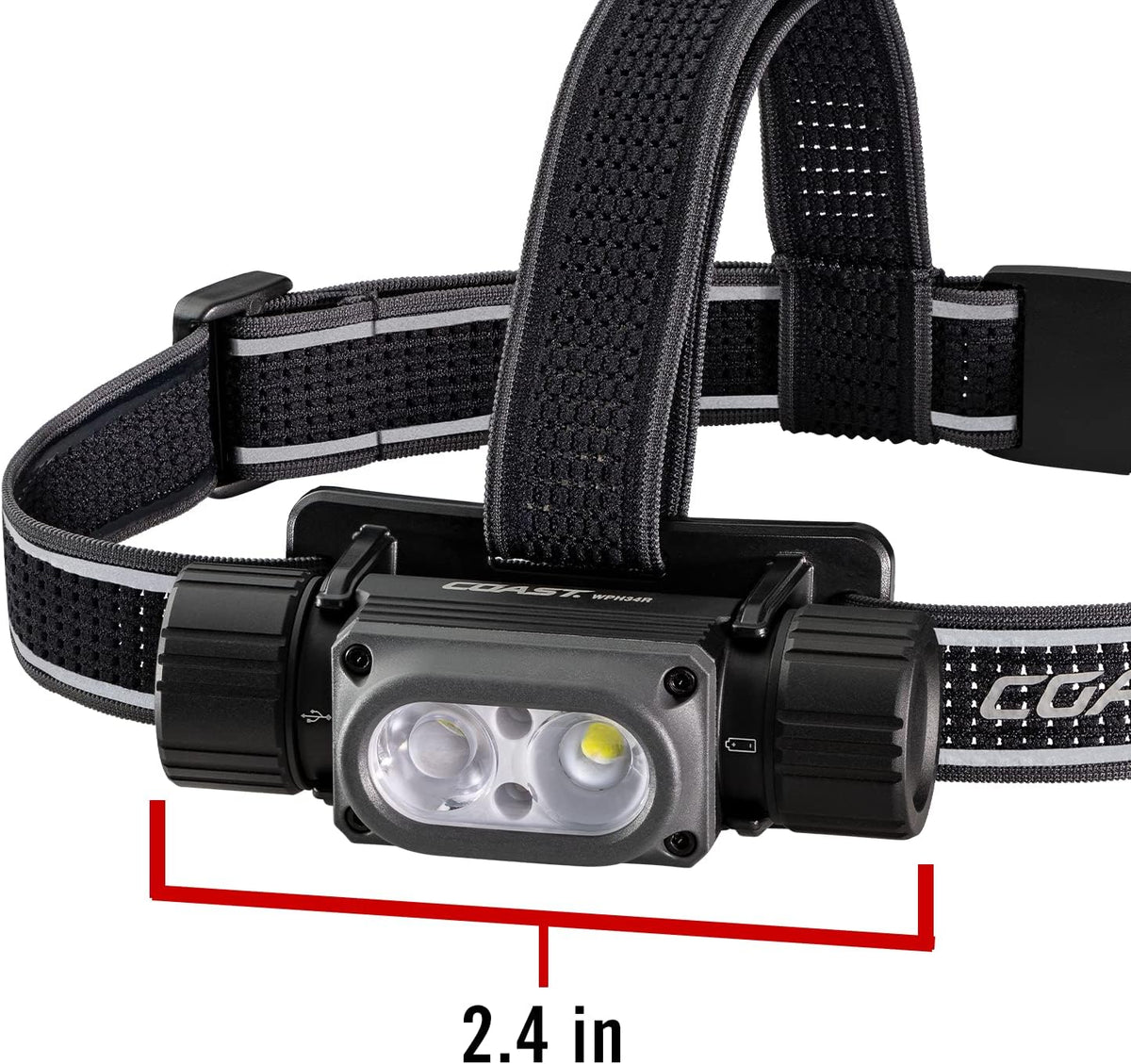 Coast WPH34R 2000 lúmenes Faro de cabeza impermeable ultra brillante IP68 USB recargable de doble potencia, 6 modos con haz de luz focalizada y de inundación, Negro/Gris