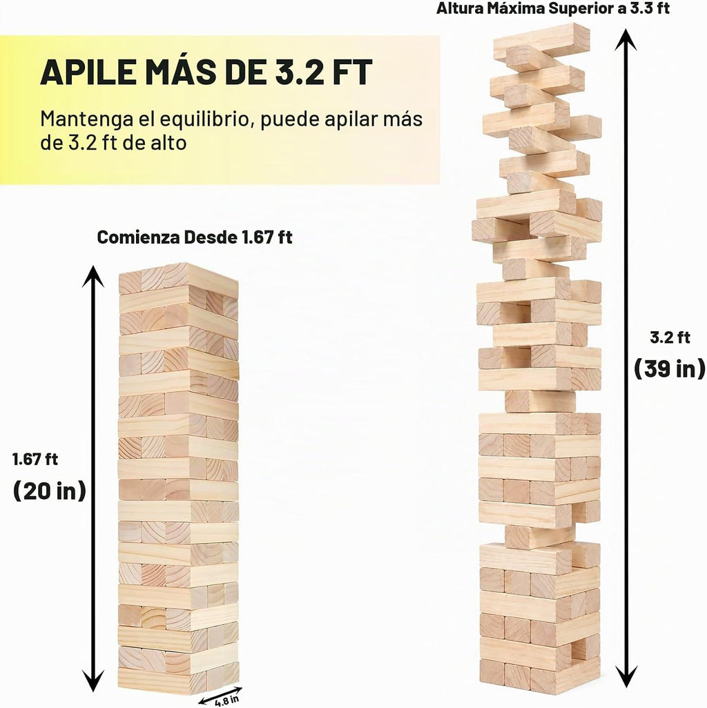 Tumbling Tower - Juego de 60 piezas de madera para patio familiar de hasta 3.2 pies