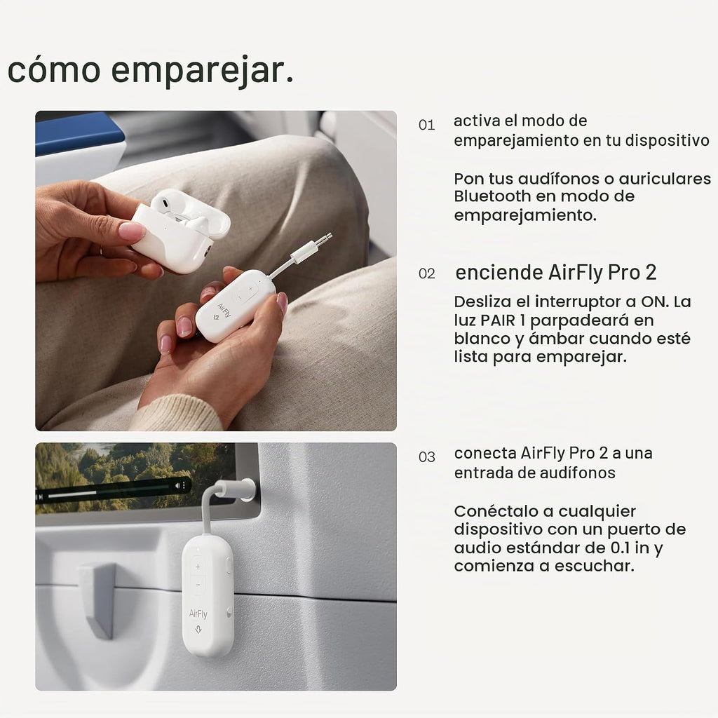 AirFly Pro 2 - Adaptador Bluetooth, Empareja 2 AirPods o Auriculares Inalámbricos - Transmisor y Receptor Bluetooth AUX de 3.5mm para Autos, Barcos, Cintas de Correr, TVs y Más - Esenciales de Viaje