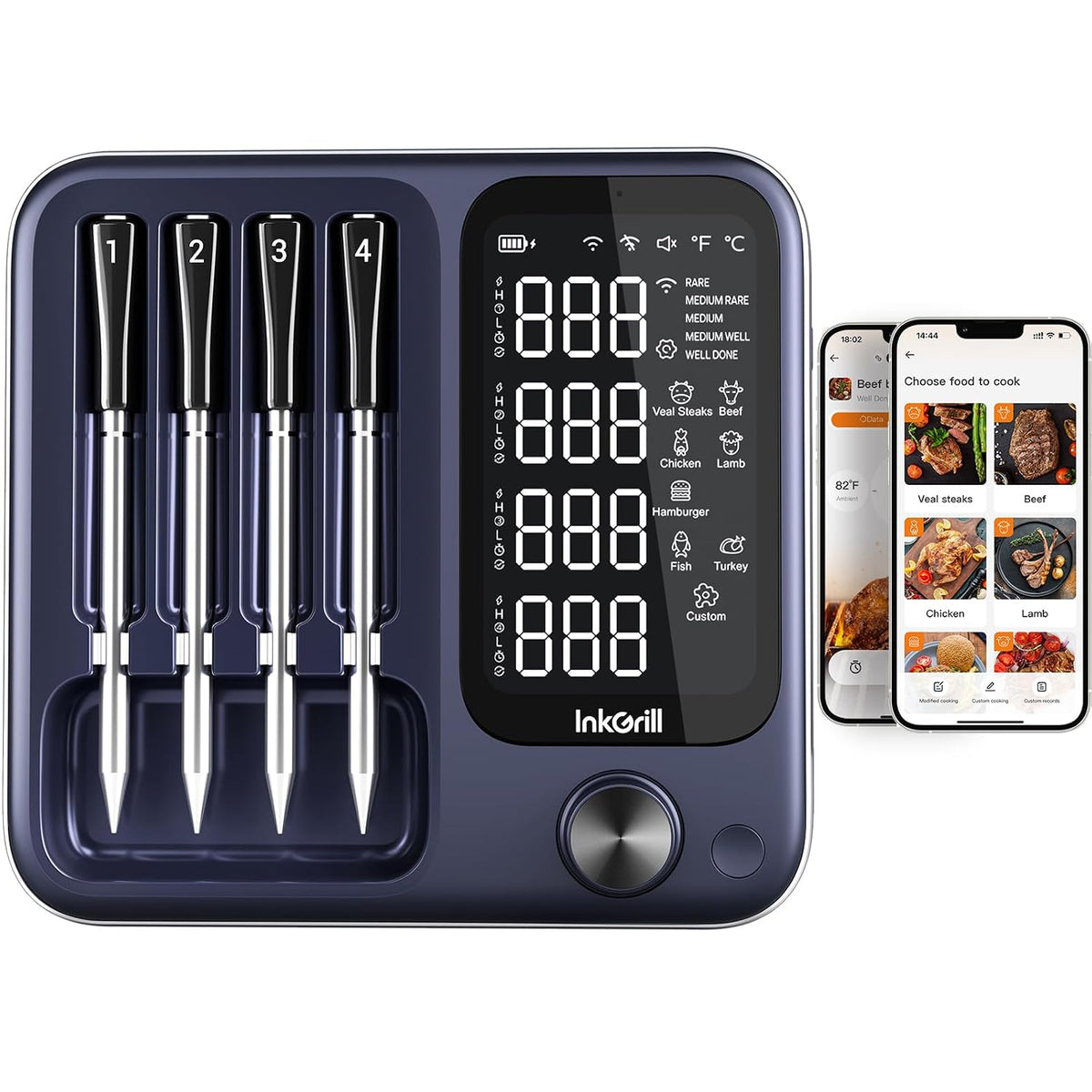 Termómetro digital de carne de 4 sondas inalámbrico con aplicación inteligente, rango ilimitado WiFi y Bluetooth termómetro de carne para barbacoa, asador, horno, parrilla, ahumador y cocina con