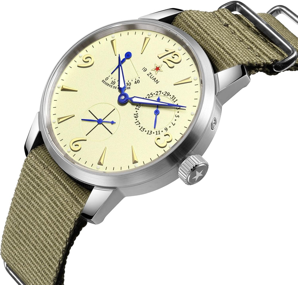 SEAKOSS Reloj piloto vintage inspirado en 1963 de 1.575 in para hombre, reloj de pulsera mecánico automático con movimiento Seagull ST1780, indicador de reserva de marcha, visualización de la fecha