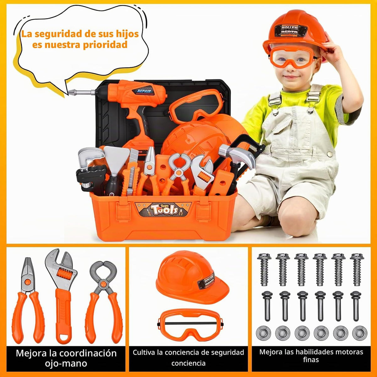 Juego de herramientas para niños de 48 piezas con casco duro y caja de herramientas, taladro de juguete realista para niños