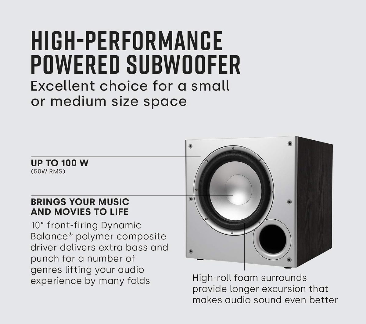 Polk Audio PSW10 - Subwoofer de 10 pulgadas, diseño compacto de graves grandes, hasta 100 vatios